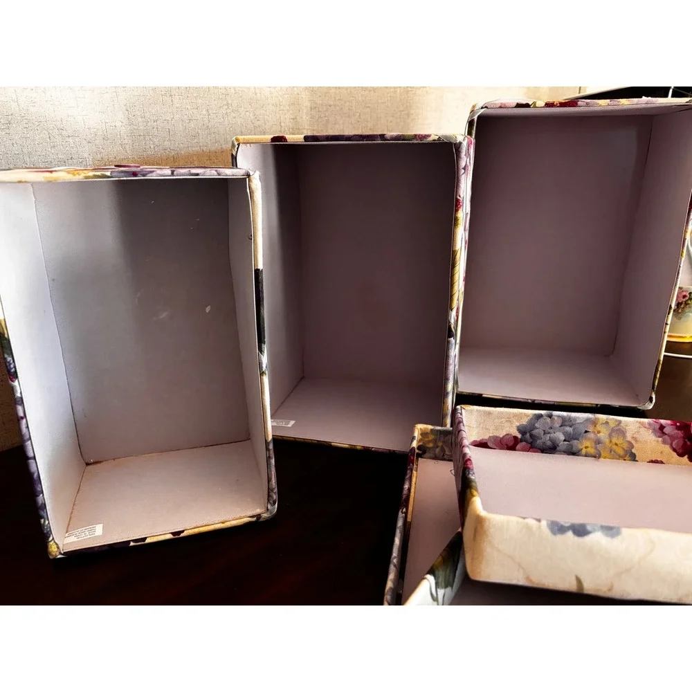 Floral Hydrangea Fabric Nesting Storage Boxes with Lids Set of 3 Purple Cream